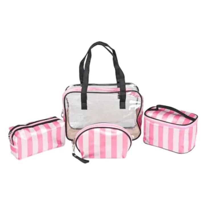 Set geanta si portfarduri pentru produse cosmetice si de make-up, inchidere cu fermoar, roz/alb si transparent