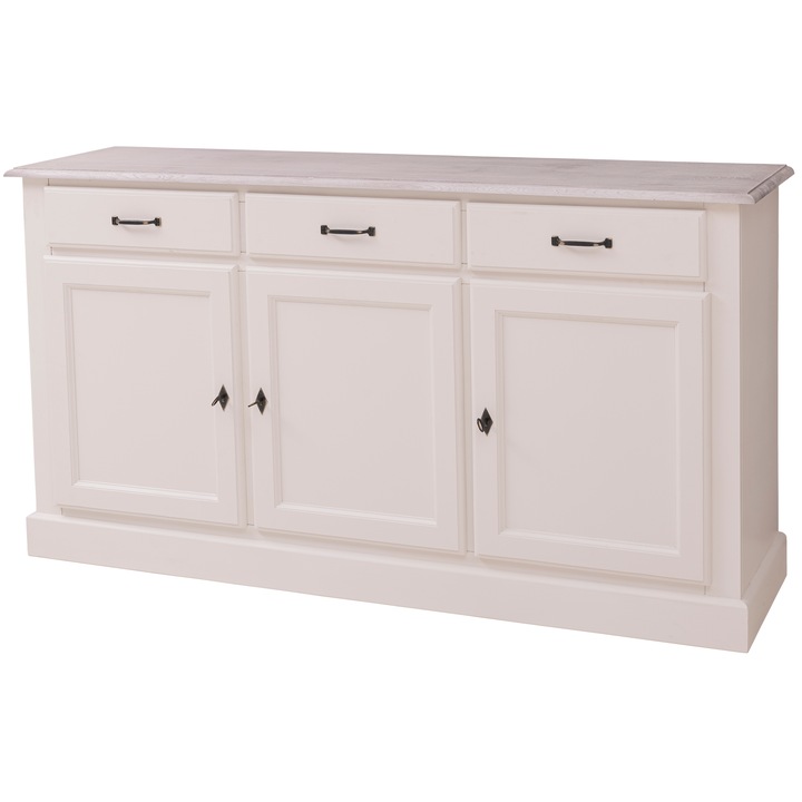 Bufet cu 3 usi si 3 sertare, blat stejar, vopsit, culoare alb, top gri deschis, 100% lemn masiv, 172x90x45 cm