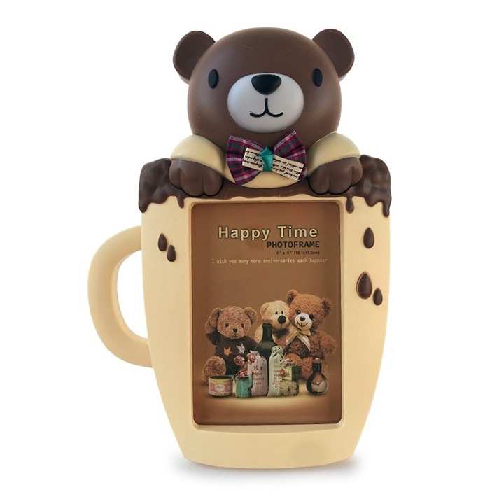 Rama foto din plastic in forma de cana cu ursulet, maro deschis, 20x28 cm