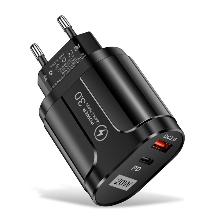 20 W-os csatlakozóadapter, C típusú és USB 2.0 töltő, iPhone, Samsung, táblagép, szupergyors töltő, túláramvédelem, fekete