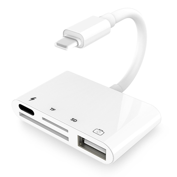 Adaptor 4 in 1, Vaxiuja, USB OTG/USB/SD/TF/USB-C, 15x7x1.5 cm, Alb