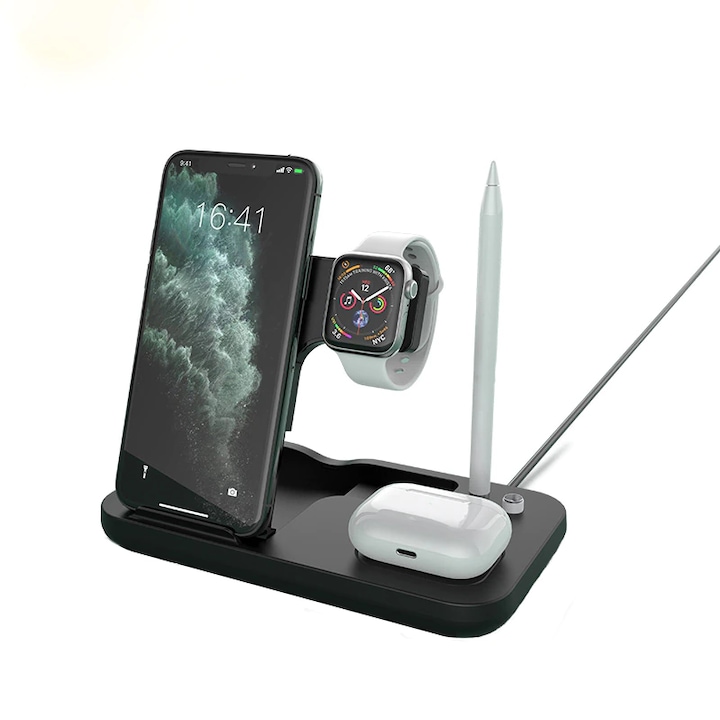 Statie Incarcare Wireless 4 in 1 Andowl, Fast Wireless Charger pentru Telefon/Casti/Smart Watch/Apple Pencil, Compatibil cu Apple/Samsung/Huawei, Negru