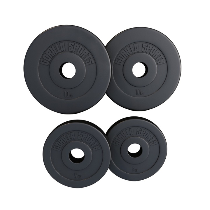 Set de discuri olimpice umplute cu ciment, Gorilla Sports, 30 kg - 2 x 5 kg, 2 x 10 kg, 50/51mm