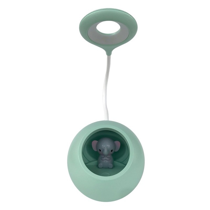 Veioza din plastic cu elefant si led, verde, 13x30 cm