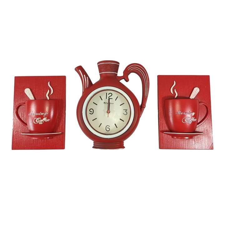 Set Ceas perete bucatarie cu 3 piese, tip ceainic, cu cesti, vintage, Rosu