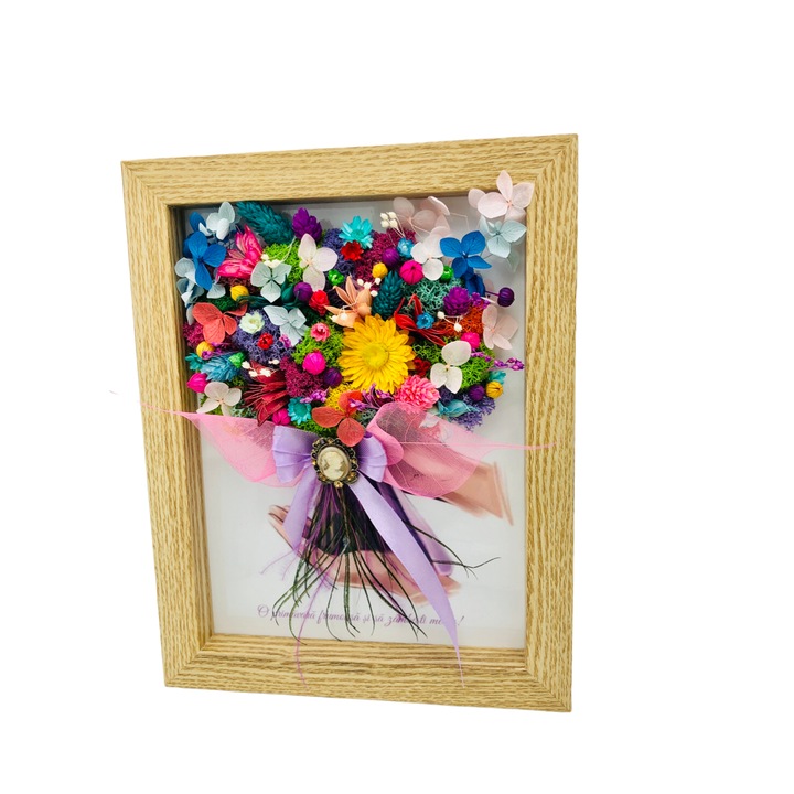 Tablou cu buchet flori in rama din licheni, frunze fosilizate si plante naturale criogenate si uscate, Eventissimi, Personalizabil, Multicolor intens, 19 x24 cm