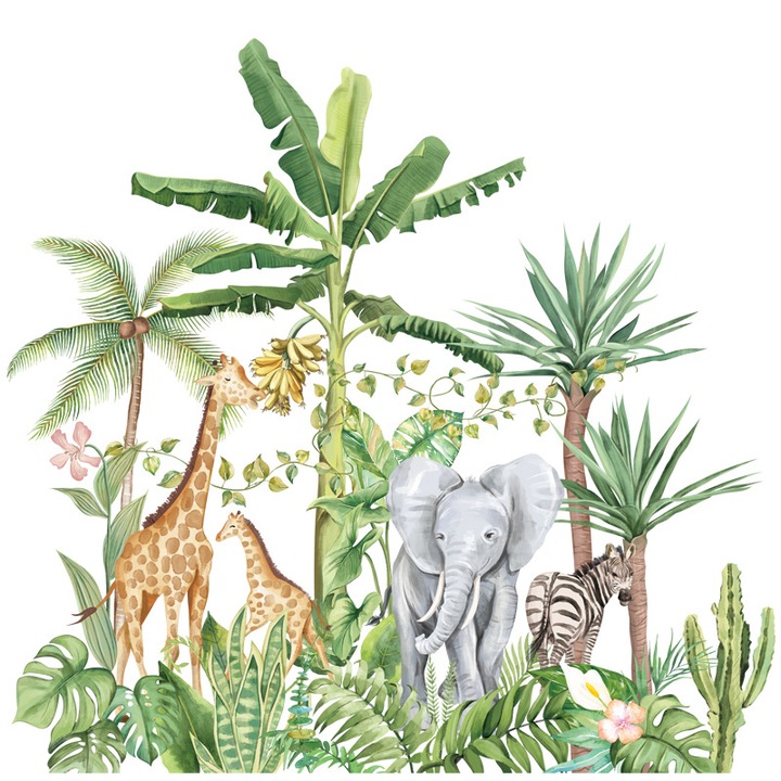 Sticker Autocolant Perete, Safari, Animalele Junglei, Girafe, Elefant, Zebra, 75x75 cm, Aida HER®