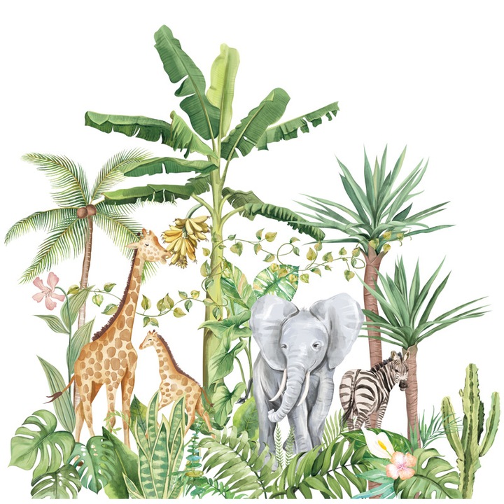 Sticker Autocolant Perete Copii, Safari, Animalele Junglei, Girafe, Elefant si Zebra, 75x75 cm