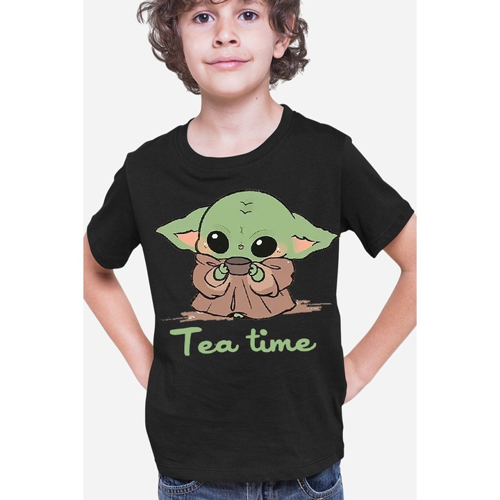 Baby Yoda Tea Time Drink Coffee gyerek póló, Fekete