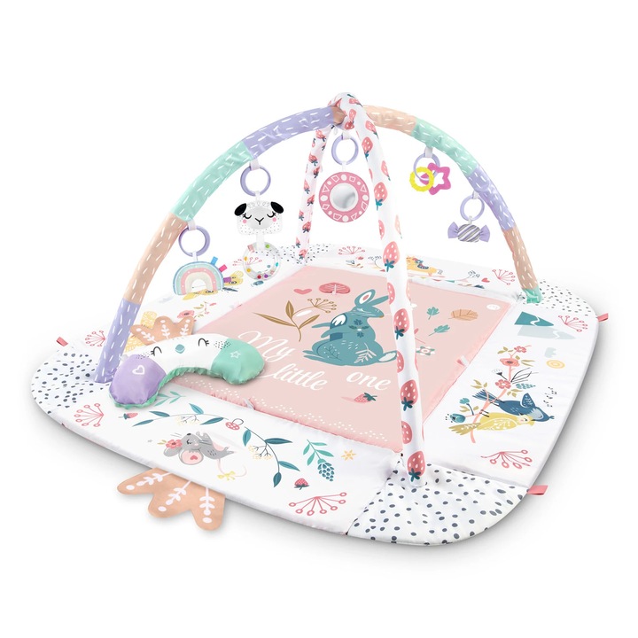 Saltea de activitati si spatiu de joaca 3in1 DacEnergy©, 7 jucarii multifunctionale, o perna, arcada, oglinda, laturi ridicate, 110 x 100 cm, roz
