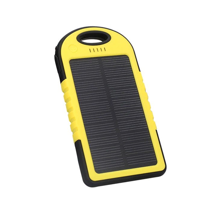 Външна батерия със слънчево зареждане 5000 mAh, зареждане на iPhone/iPads/Android/GPS устройства/фото-видео камера, водоустойчива, удароустойчива, 2x USB, тънък дизайн, жълта