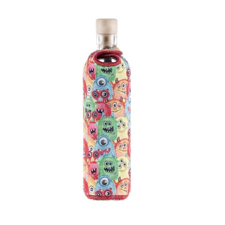 Бутилка Flaska Design KIDS Monsters, Стъклена, За структуриране на вода, 300 мл, Многоцветен