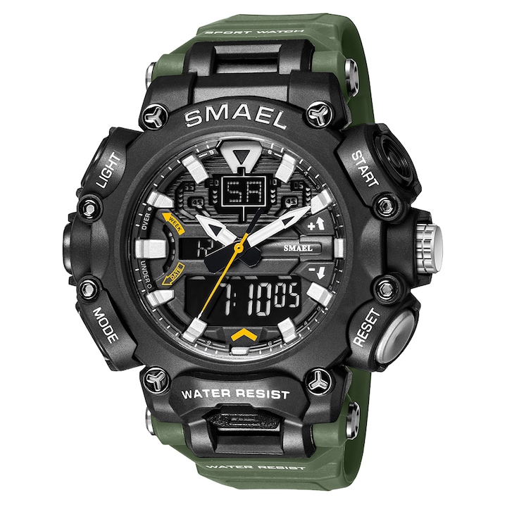 Мъжки часовник Smael Casual Sport Style Army Military Hybrid Водо и удароустойчив Зелен