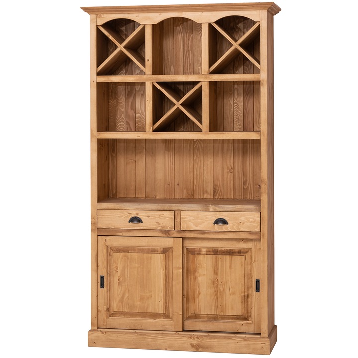 Tolóajtós bárbútor, üvegtartóval, két fiókkal, lakkozott, világosbarna, 100% tömör fa, 120x210x41 cm