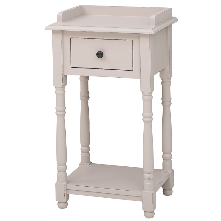 Consola mica cu picioare strunjite cu 1 sertar, vopsit, culoare gri antichizat, 100% lemn masiv, 45x78x35 cm