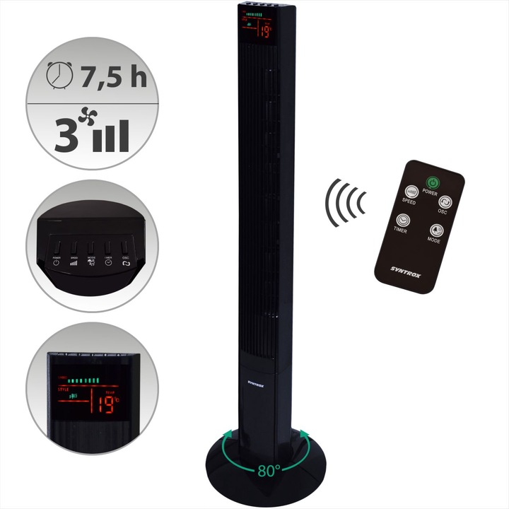 Вентилатор кула с дистанционно, Syntrox, 7.5 h, LCD, черен