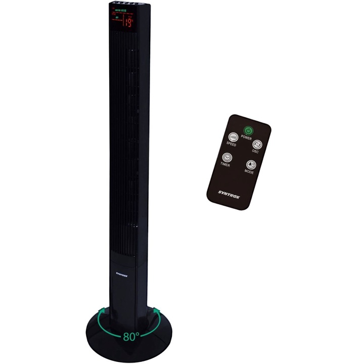 Torony ventilátor távirányítóval, Syntrox, 7,5 h, Fekete