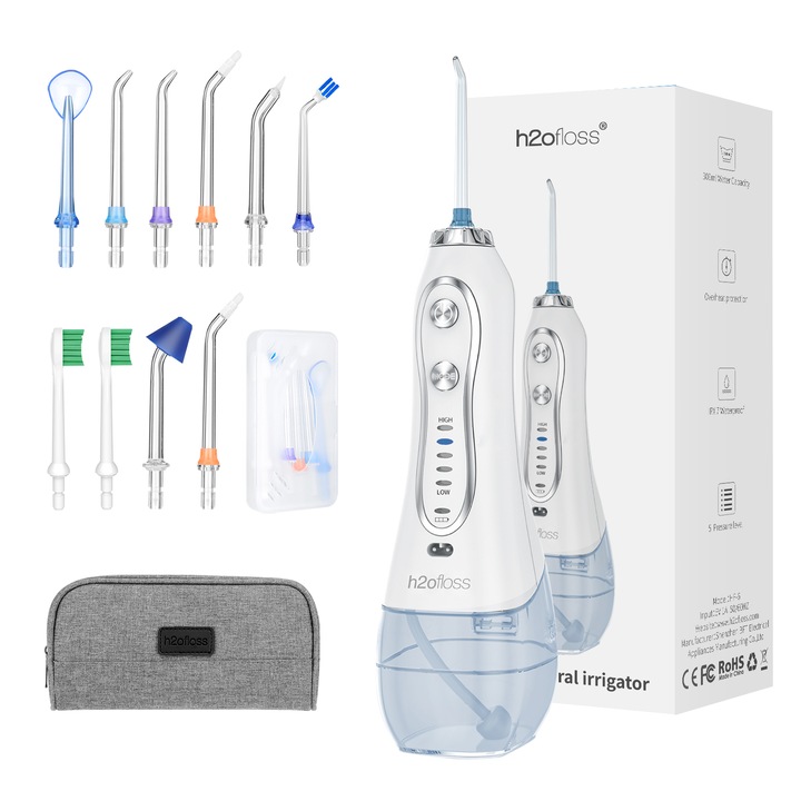 H2ofloss Premium professzionális szájöblítő, 10 fúvóka, 5 nyomásszint, 2500 mAh-s akkumulátor, 1200 impulzus/perc, gravitációs golyó, 300 ml-es tartály, fehér