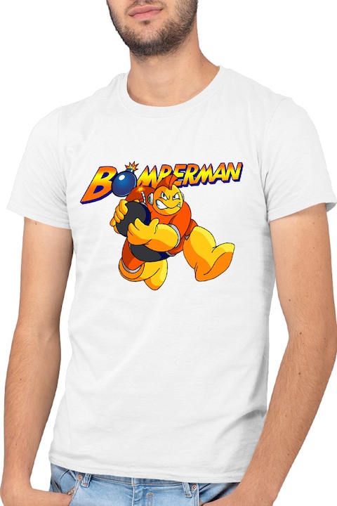 Tricou barbati Bomberman Run Bomb Logo Action, alb, marime XL