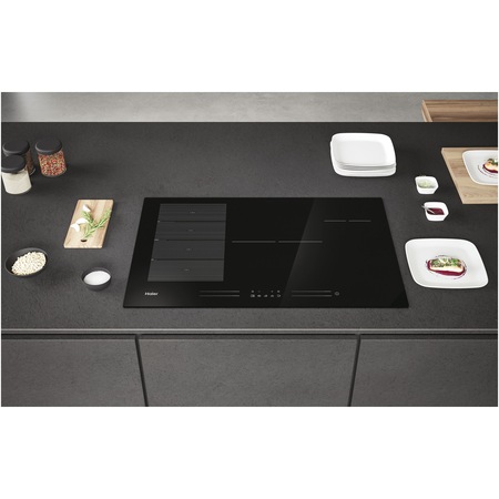 Plita incorporabila Haier HAMTSJ86MC/1, Inductie, 6 zone de gatit, Control tactil multislider, Indicator de caldura reziduala, Multizone, Timmer, Booster, Conectivitate wi-fi/ hOn app, 80 cm, Negru
