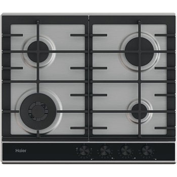 Plita incorporabila Haier HAHG6BF4XH, Gaz, 4 Arzatoare, Grilaje fonta, Aprindere electrica, Preci Flame, 60 cm, Inox cu sticla neagra