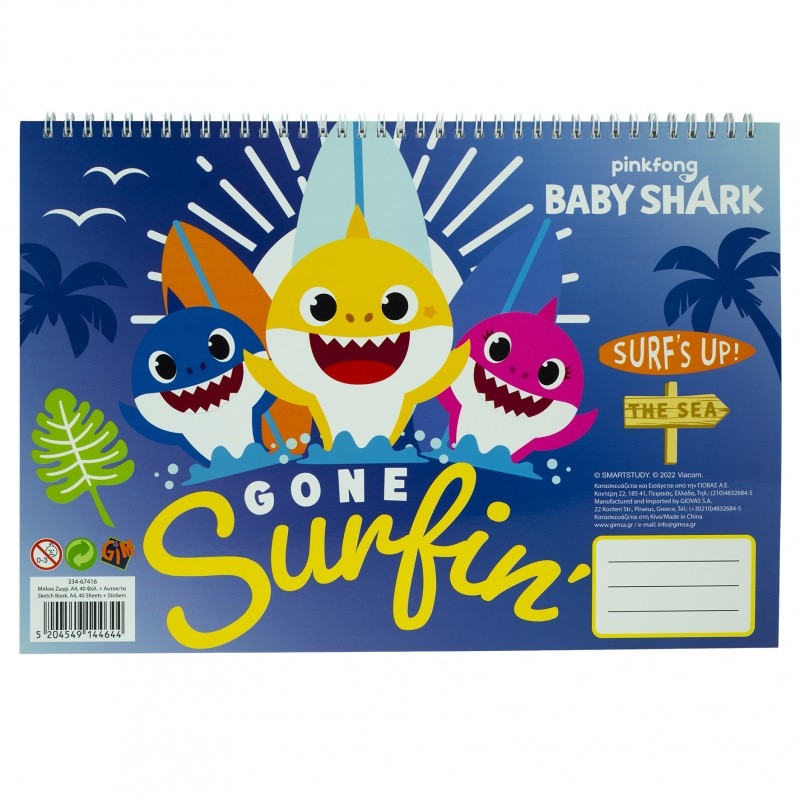 Bloc desen cu schite si stikere, A4 cu spira Baby Shark, 40 coli Albastru 