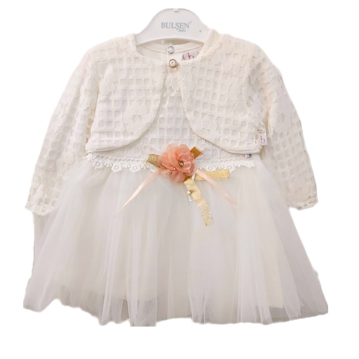 Rochita eleganta, cu tulle si bolero cu dantela, Alb