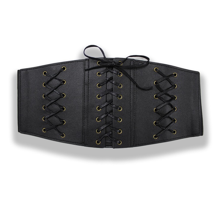 Glam fűző öv, széles, ökológiai bőrből, elasztikus, zsinórral, Fekete