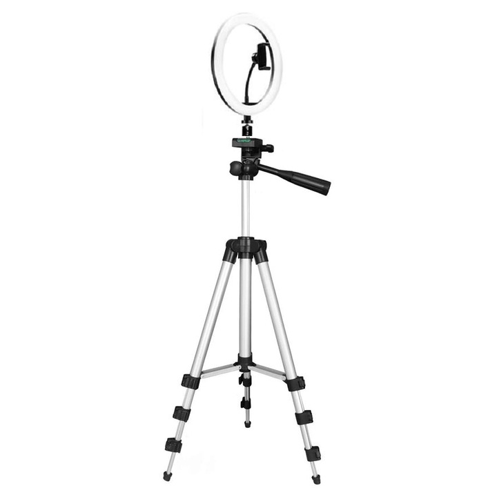 LED ринг лампа, 3 различни цвята, 26 см, Алуминиев статив 103 см, Стойка за телефон, Регулиране на светлината 10%-100%