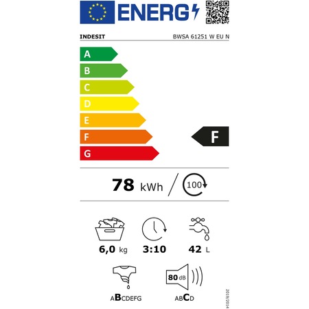 Masina de spalat rufe slim Indesit INNEX BWSA61251WEEN, 6 kg, 1200 rpm, Clasa F, Push&Go, Motor Universal, Display LED+, Alb