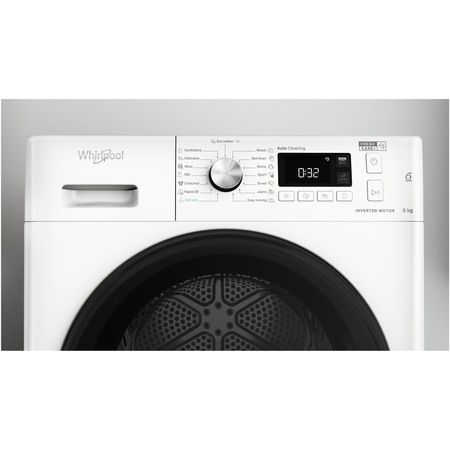 Uscator de rufe Whirlpool FreshCare+ FFTM118X3BYEE, Pompa de caldura, 8 kg, Clasa A+++, Filtru cu Autocuratare, Motor Inverter, Tehnologia al 6-lea Simt, Display digital, Alb/Negru