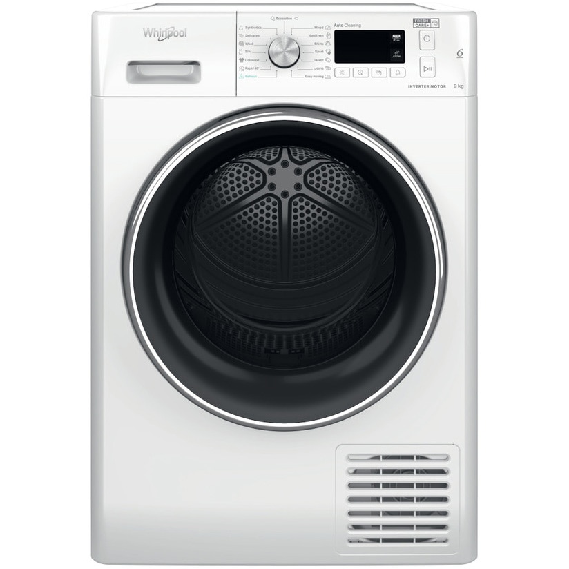 Uscator de rufe Whirlpool FreshCare+ FFTM119X3BXYEE, Pompa de caldura, 9 kg, Clasa C, Filtru cu Autocuratare, Motor Inverter, Tehnologia al 6-lea Simt, Display LCD, Alb/Negru