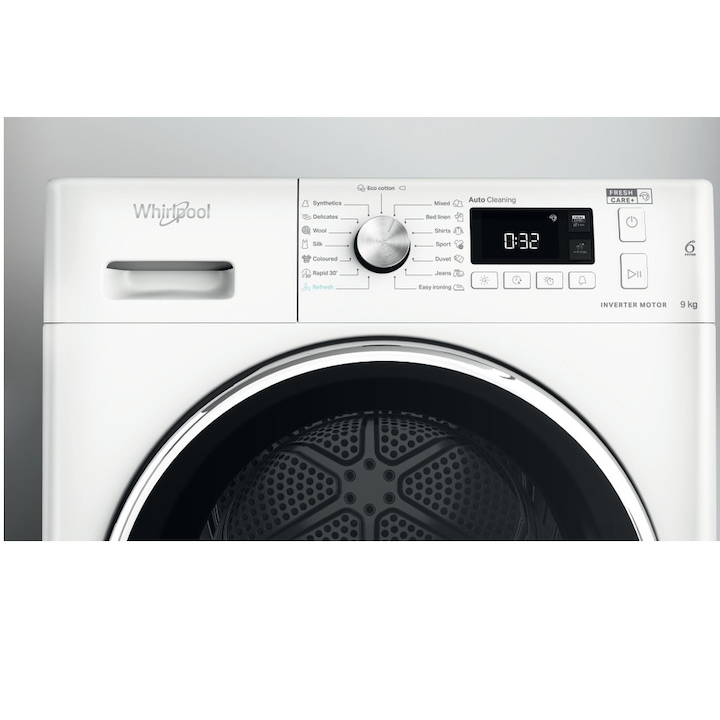 Сушилня Whirlpool FreshCare+ FFTM119X3BXYEE, Термопомпа, 9 кг, Клас A+++, Самопочистващ се филтър, Инверторен мотор, Технология 6th Sense, LCD дисплей, Бял/Черен