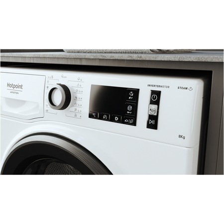 Пералня Hotpoint Natis NM11846WSAEUN, 8 кг, 1400 об/мин, Клас A, Steam Refresh, Steam Hygiene, Инверторен мотор, Цифров дисплей, Бял/Сребрист
