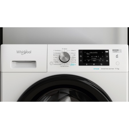 Masina de spalat rufe Whirlpool FreshCare+ FFD11469BVEE, 11kg, 1400 rpm, Clasa A, Steam Refresh, Steam Hygiene, Tehnologia al-6lea Simt, Motor Inverter, Display LCD, Alb/Negru