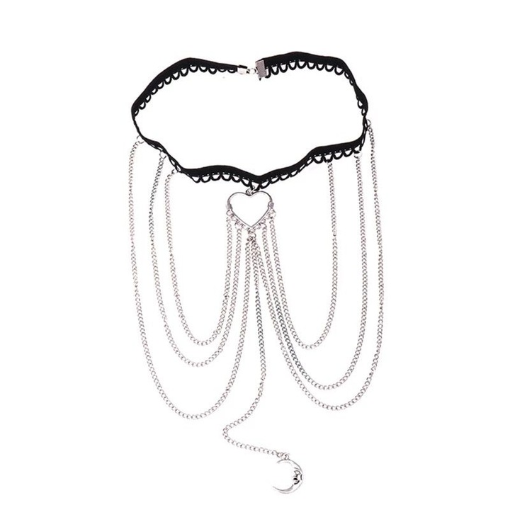 Lantisor pentru coapsa, ADM, cu pandantive in forma de luna si inimioara, argintiu-negru