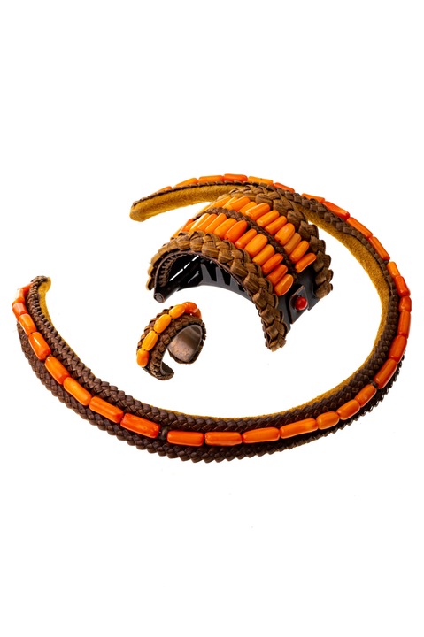 Комплект колие, щипка за коса и пръстен, Gloria Maris, Prl4 оранжево/кафяво