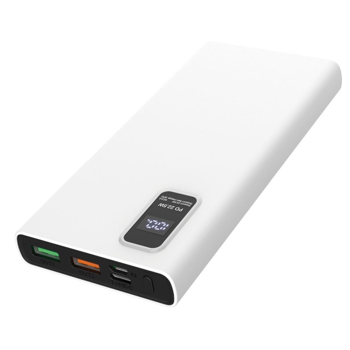 PLATINET Power Bank hordozható töltő 10000mAh, 2 USB, QC 3.0, LED kijelző, fehér