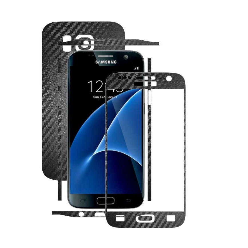 1 + 1 GRATUIT - Samsung Gaxy S7 - Carbon Negru - Folie de protectie Carbon Skinz, Husa Full Body Cover de tip Skin Adeziv pentru Rama Ecran,Carcasa Spate si Laterale