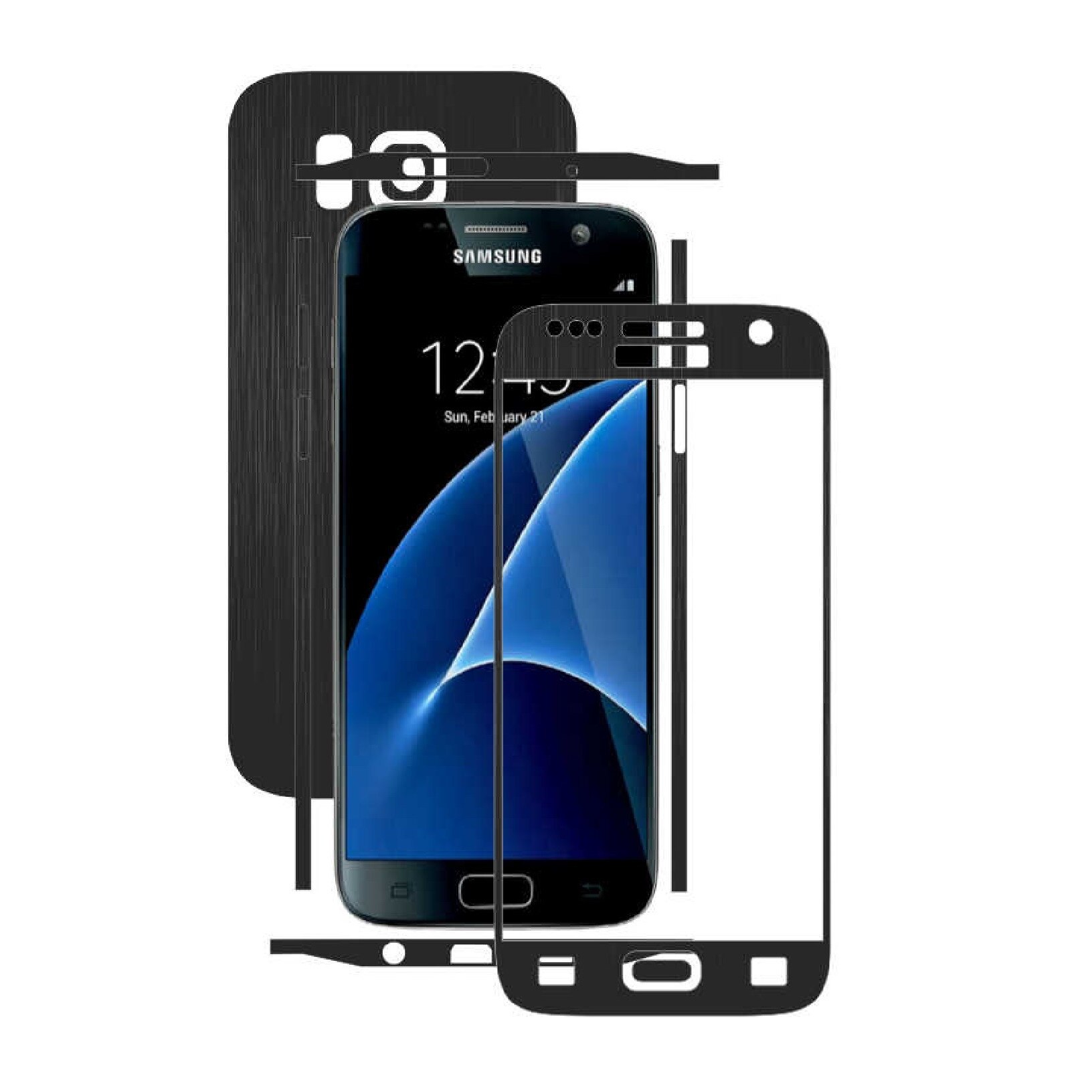 1 + 1 GRATUIT - Samsung Galaxy S7 - Brushed Negru - Folie de protectie Carbon Skinz, Husa Full Body Cover de tip Skin Adeziv pentru Rama Ecran,Carcasa Spate si Laterale
