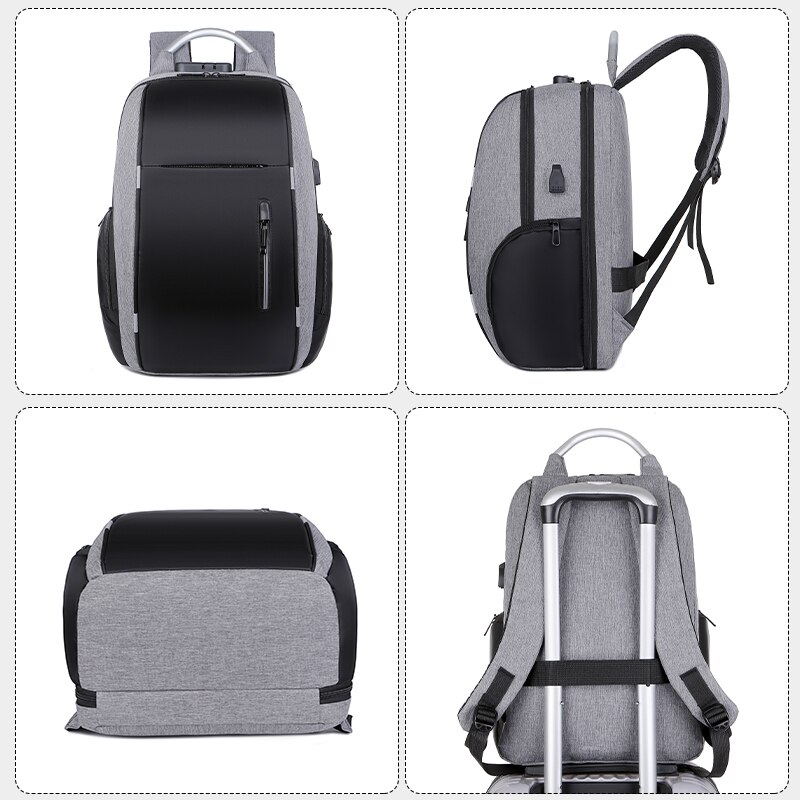 Rucsac laptop 15.6’’ multifunctional, pentru calatorii, business, cu port de incarcare USB, Cifru, Impermeabil, expandabil pana la 35 L, 30x17x44 cm, BANGE, Gri