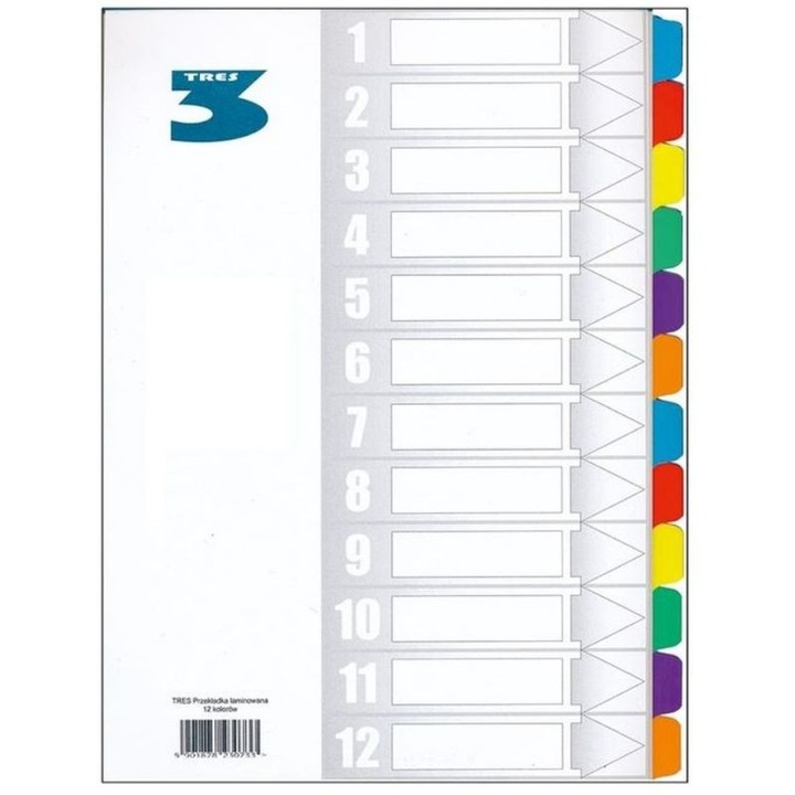 Set 12 separatoare pentru biblioraft, Format A4, Carton/Polipropilena, Multicolor