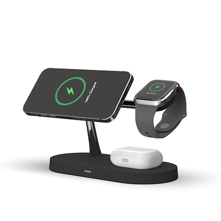 Statie de incarcare 5in1 universala SeveShop, HT5, 15 W, Fast Wireless charge, compatibil Smart Watch, AirPods/Pro, Samsung, Huawei, negru-crom