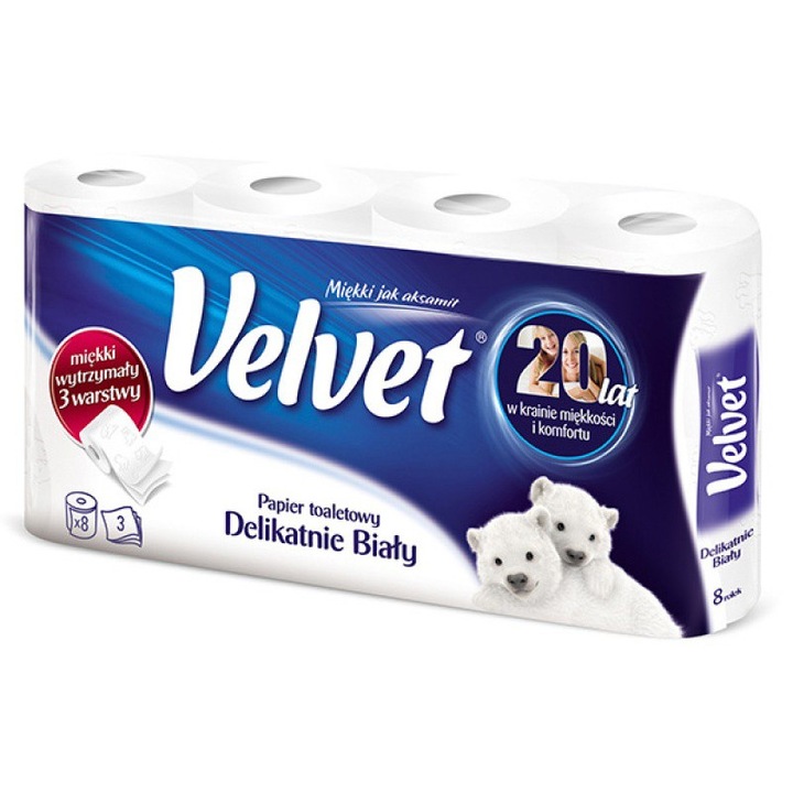 Hartie igienica Velvet, 3 straturi, Celuloza, 8 role, Alb