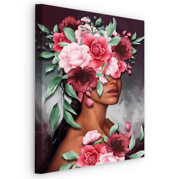 Картина, Портрет на жена, Рози, Листа, 80cm x 120cm, Платно, Абстрактни цветя, Декорация за стена
