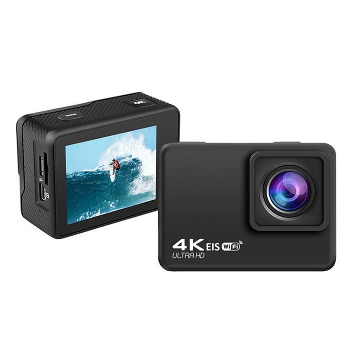 Camera Video Sport 4K E7 Ultradion cu Telecomanda pentru controlarea de la distanta, Action cam WiFi, Accesorii Incluse, Iesire HDMI, Ecran 2 inch IPS, Senzor de imagine Sony IMX386 13M, Rezistenta la Apa, Negru