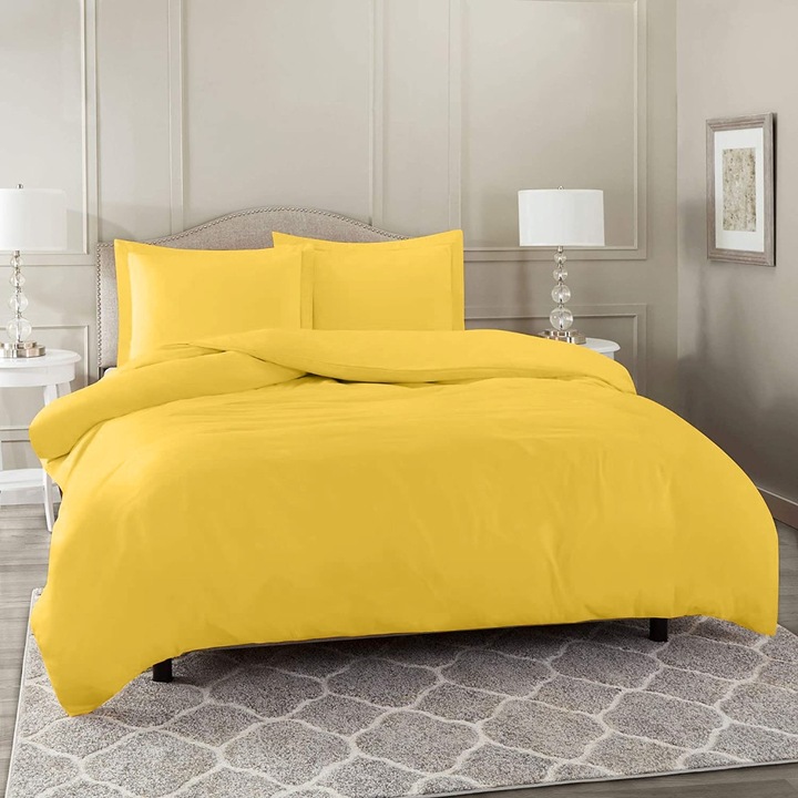 Спално бельо за един човек с квадратна калъфка, Фиби, памук ранфорс, плътност на материята 120 гр./м2, Жълто, 3 бр.