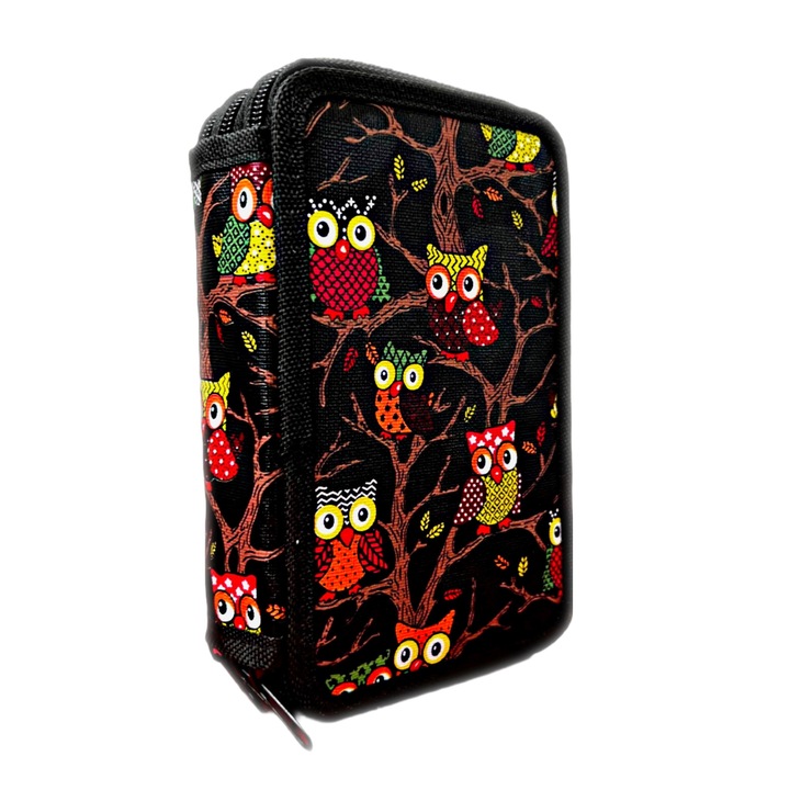 Tolltartó 3 cipzáros, 32 db, felszerelt textil, Fekete Bagoly mintával, 20x13 cm