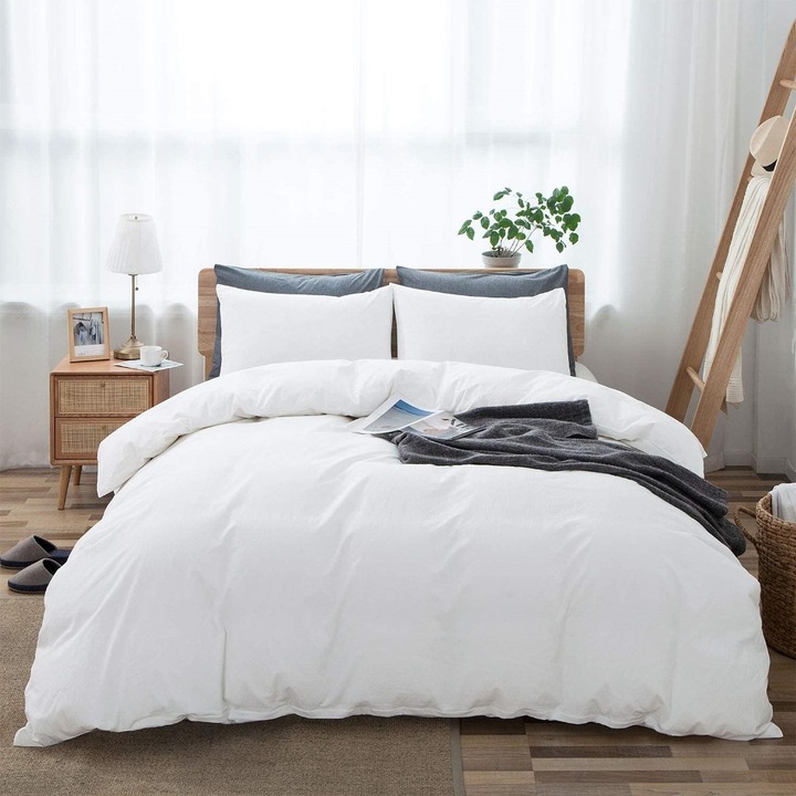 Спално бельо за един човек с еластична покривка и правоъгълна калъфка за възглавница, Crumb Cookie, мерсеризиран памук, тегло на материята 120 g/m2, бяло