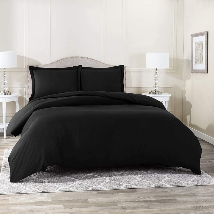 Брачно спално бельо с квадратна калъфка за възглавница, Обскюр, подсилен памук, тегло на материята 120 гр/м2, Черен